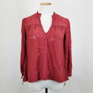 Lucky Brand Red Floral Clipped Jacquard Top